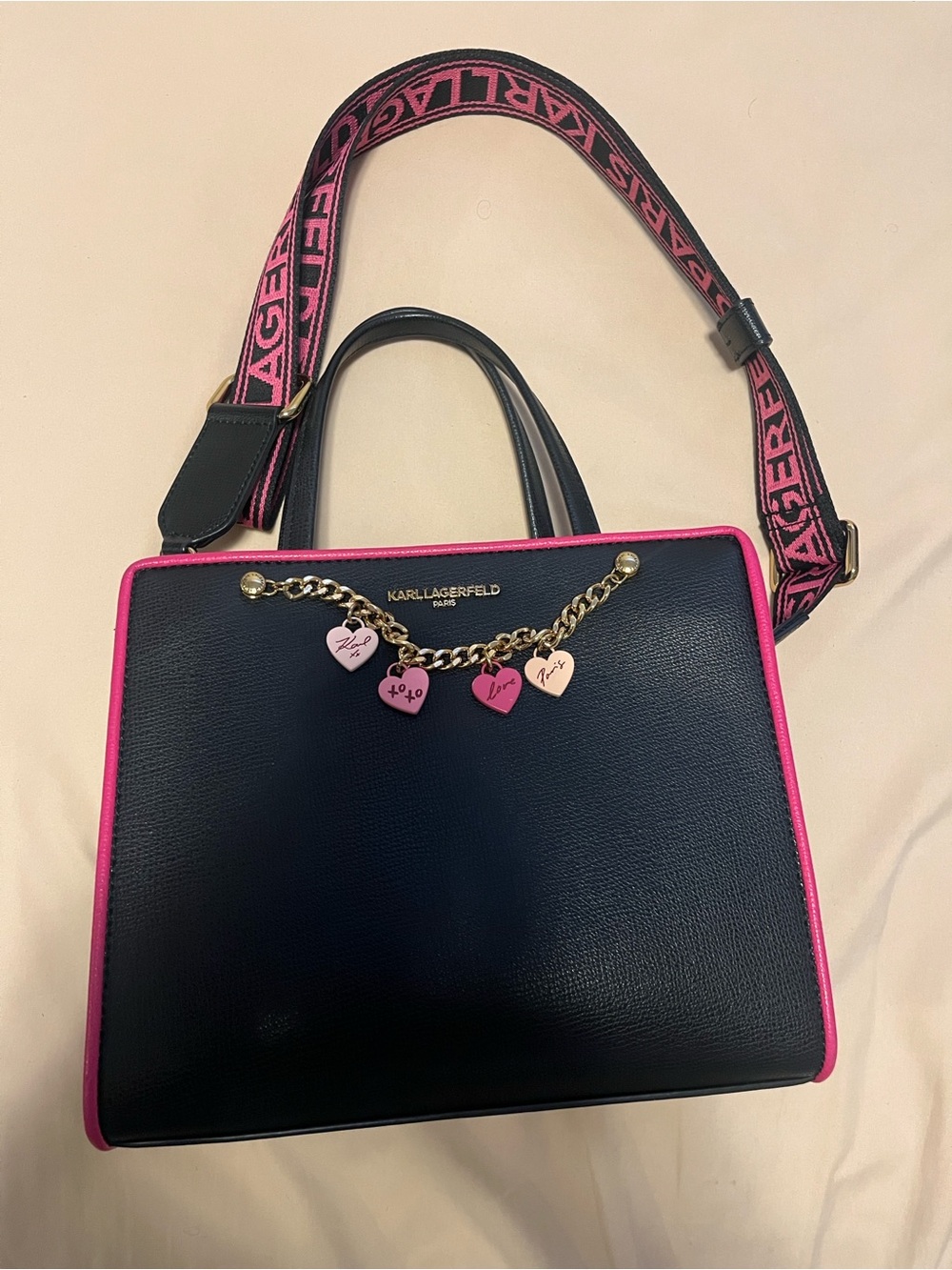 Karl Lagerfeld Black and Pink Satchel with Heart Charm Chain